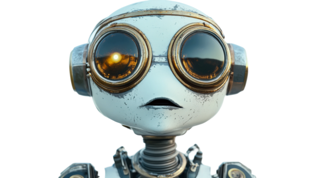 Robot character with large goggles and metallic features in a futuristic style isolated on transparent background