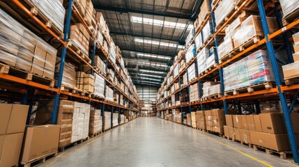 Warehouse Interior with Rows of Cardboard Boxes on Shelves