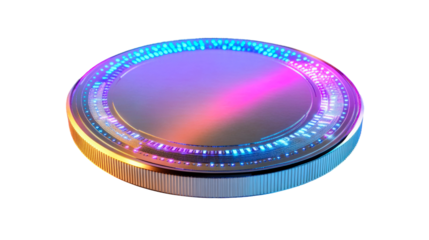 Digital currency token with vibrant lighting effects captured on a reflective surface isolated on transparent background
