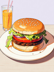 delicious burger illustration, anime art style