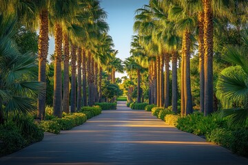 Fototapeta premium Palm tree-lined pathway at sunset. Ideal for travel, resort, or tropical themes.