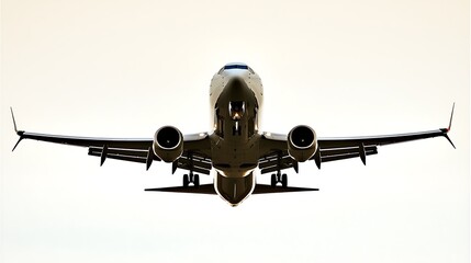 A simple and clean silhouette of an airplane, emphasizing the body shape and wings, with no details, set against a seamless white background