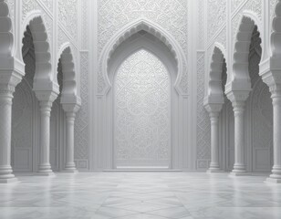 3D Concept of a white mosque with intricate white domes and towers surrounded by a white environment. The concept for Eid Mubarak, Ramadhan, Moslem holiday
