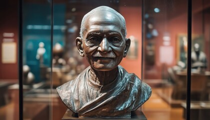 Obraz premium Gandhi bust museum display, India heritage exhibit background.
