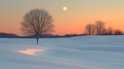 Winter sunset landscape with snow, trees, and moon.