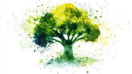 Naklejka premium Vibrant Watercolor Tree with Lush Leaves and Colorful Splashes
