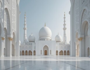Fototapeta premium 3D Concept of a white mosque with intricate white domes and towers surrounded by a white environment. The concept for Eid Mubarak, Ramadhan, Moslem holiday
