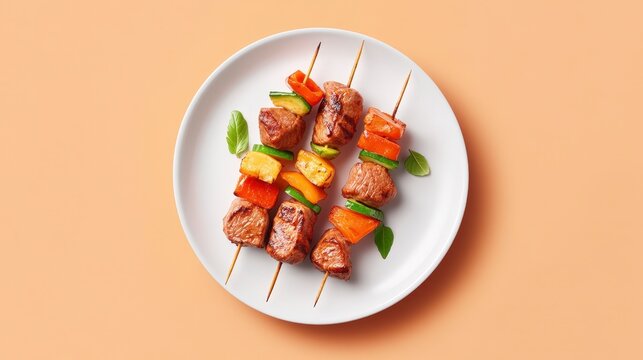 Delicious Grilled Skewers with Fresh Vegetables and Juicy Meat on a Plate