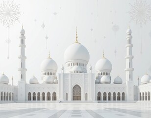 Fototapeta premium 3D Concept of a white mosque with intricate white domes and towers surrounded by a white environment. The concept for Eid Mubarak, Ramadhan, Moslem holiday