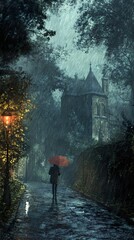 Obraz premium Rainy Night Stroll: A Woman Walks Alone Under an Umbrella