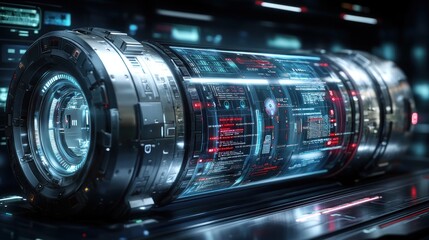 Futuristic data storage device surrounded by digital interface