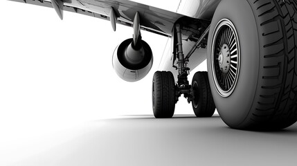 A close-up view of the undercarriage of an airplane, captured from a side angle, showing the wheels and landing gear system on a seamless white background