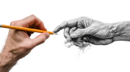 Artistic hand reaching for another hand in a detailed pencil drawing isolated on transparent background