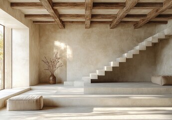 Minimalist Scandinavian Loft with Concrete Walls Wooden Beams Nature View