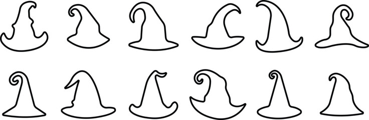 Magic Wizard Witch Hats showing cap a black witch hat icon in line set isolated on a transparent background. Halloween holiday Vector Design for apps or website