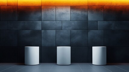 Dramatic warm light illuminates three sleek white cylinders against a dark textured wall. AI Generated