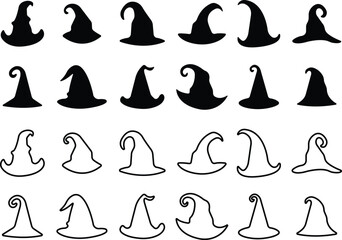 Magic Wizard Witch Hats showing cap a black witch hat icon in flat line set isolated on a transparent background. Halloween holiday Vector Design for apps or website