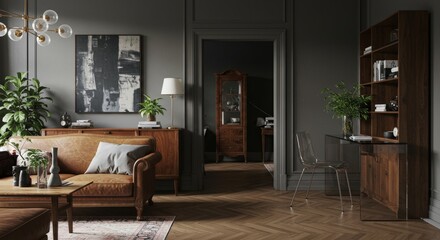 Fototapeta premium Modern mid Century and vintage interior of living room ,blue lounge chair with wood cabinet