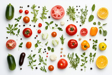 mixed fresh vegetables arranged neatly on white background