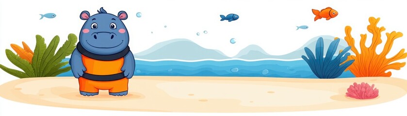Naklejka premium Cute cartoon hippo wearing diving suit on sandy beach with colorful coral and sea vegetation, surrounded by playful fish in a vibrant underwater landscape