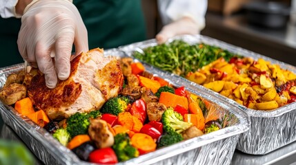 Freshly Prepared Roasted Chicken with Colorful Vegetables in Aluminum Trays