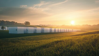 Obraz premium Sunrise over White Modular Buildings in Rolling Green Fields