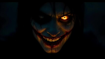 Horrific Glowing Eyes and Bloody Grin of a Terrifying Figure in the Dark