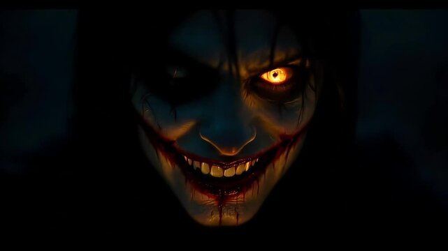 Horrific Glowing Eyes and Bloody Grin of a Terrifying Figure in the Dark