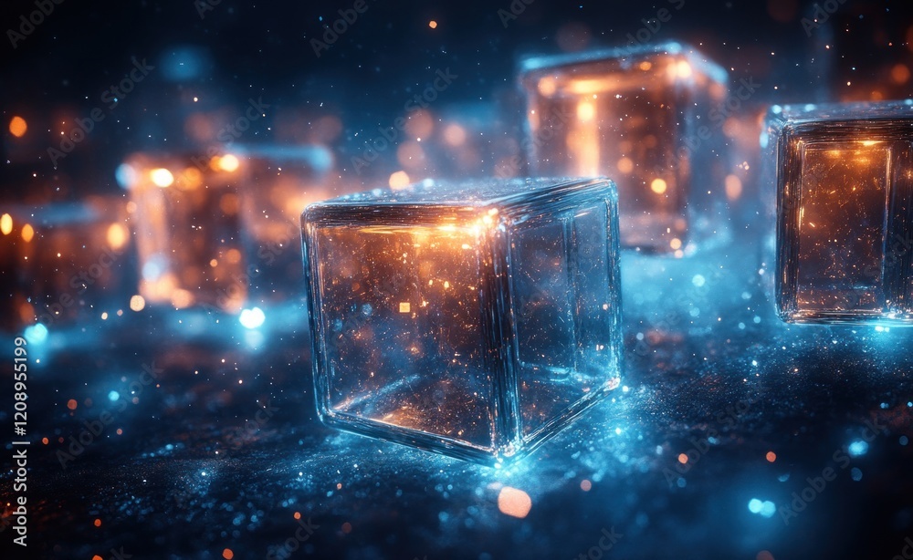 Aufkleber futuristic digital art glowing transparent cubes in deep blue space abstract geometric structure and