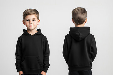boy wearing a black long-sleeve hoodie sweatshirt mockup front and back used as a design template	