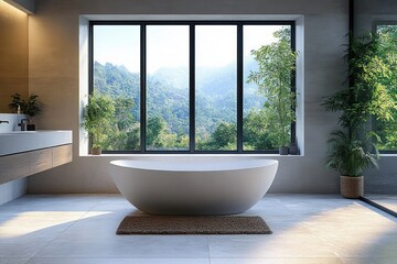 Minimalist Modern Luxury Bathroom with Mountain View and Freestanding Bathtub