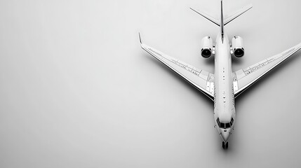 A top-down view of a luxury airplaneâ€™s elegant design, showcasing its aerodynamic shape and polished surface, isolated on a clean white background
