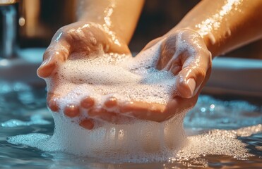Fototapeta premium Hand Washing with Soap for Coronavirus Prevention Hygiene Health Care Cleaning Rubbing Bathtub Shower Virus Infection Disease