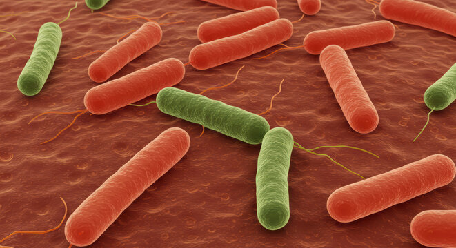 3D Illustration of Enterobacteriaceae Bacteria, Including Escherichia Coli and Klebsiella, in Human Intestinal Microbiome
