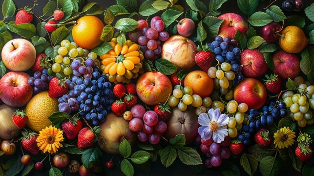 A vibrant still life featuring apples, grapes, strawberries, a sunflower, and a white flower. AI generative. .