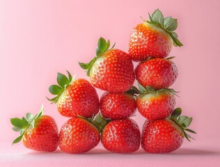 Vibrant Fresh Strawberries Stacked on Pink Background Close Up Macro Photo Food Concept