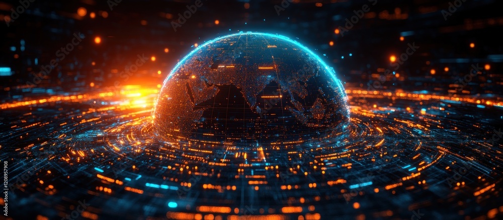 Poster futuristic digital globe of asia with global network and cyberpunk style in sunset light