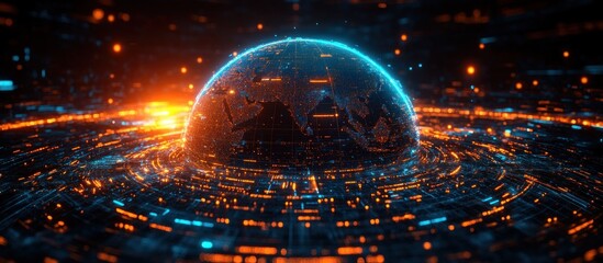 Futuristic Digital Globe of Asia with Global Network and Cyberpunk Style in Sunset Light