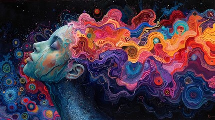 Obraz premium Abstract cosmic portrait with swirling colors and a woman's face, AI generative. .