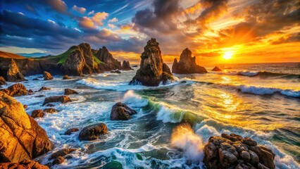 Obraz premium Dramatic Rocky Coastline Photography: Stunning Ocean Views, Rugged Cliffs, Coastal Landscape Images