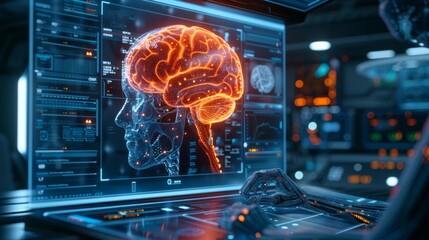 A glowing, fiery brain is displayed on a futuristic computer screen. AI generative. .