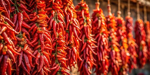 Naklejka premium Dried Red Peppers: Harvest, Drying, and Culinary Uses - Stock Photos