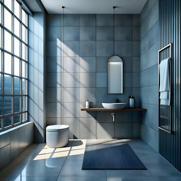 Modern Gray Tile Bathroom with Large Window and Minimalist Design