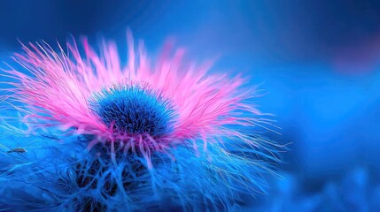Pink thistle flower, blue background, macro shot, nature serenity