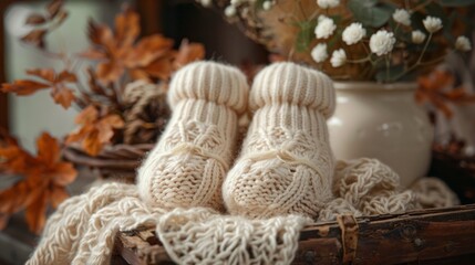 Cozy knitted baby booties on a wooden crate with autumn leaves. AI generative. .