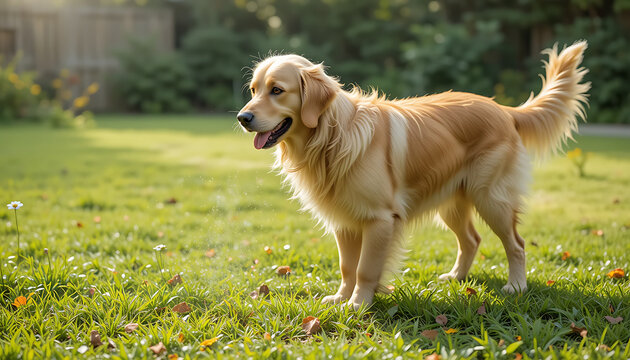 Golden Retriever Dog Playing in Backyard with Water Spray During Sunny Day