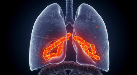 Mycobacterium Tuberculosis Bacteria Infecting Lungs in Secondary Tuberculosis, 3D Medical Illustration