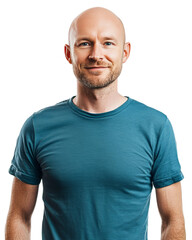 Obraz premium Confident Smiling Bald Man in Blue Shirt Against White Background