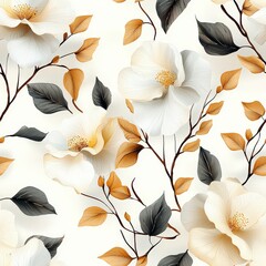 Elegant Floral Pattern with White and Cream Flowers and Dark Green Leaves on a Light Background