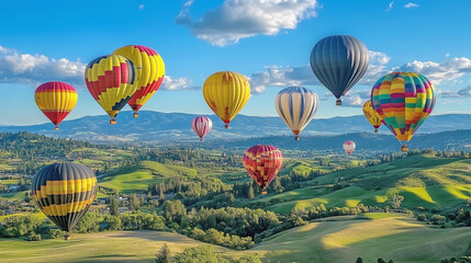 Obraz premium Hot air balloons over a beautiful alpine village scenic view in sunny day. 